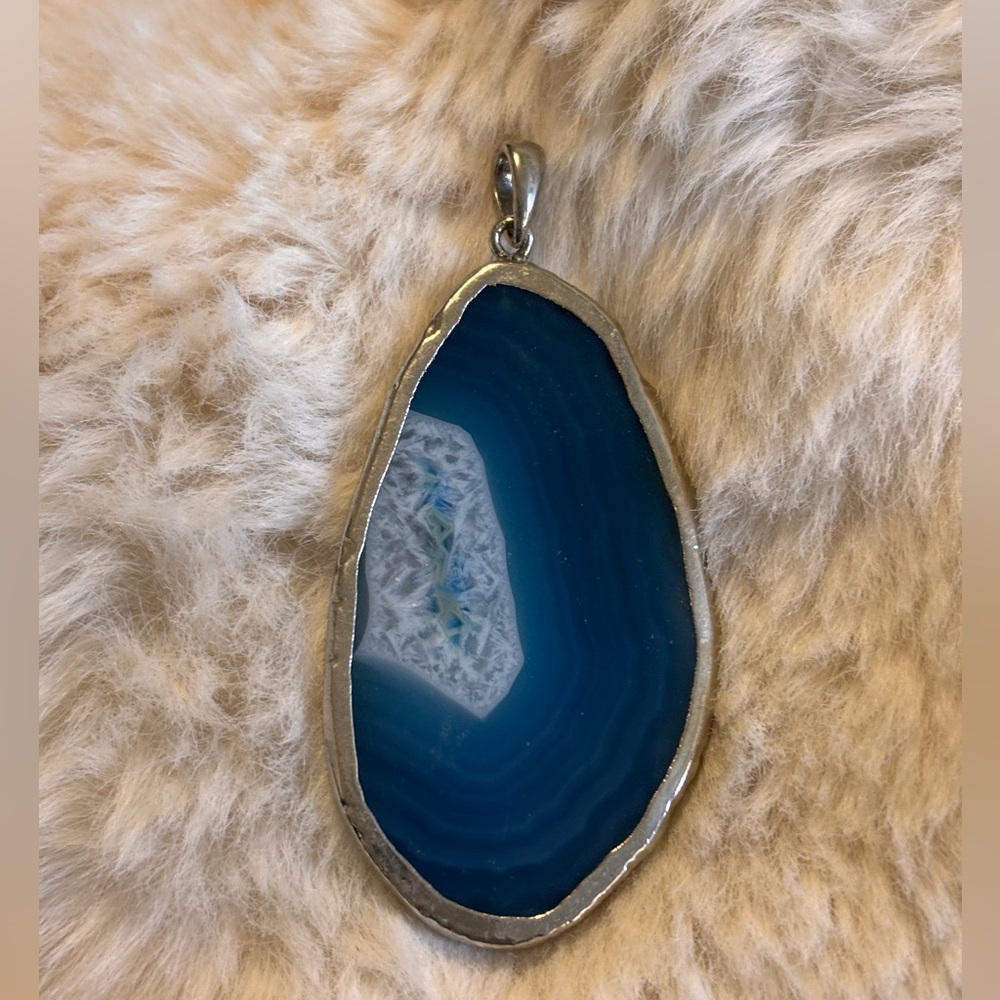 Blue Agate Pendant with Silver Trim